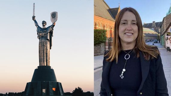 The famous Motherland monument in Kyiv, Ukraine, and Mid and West Wales MS Jane Dodds