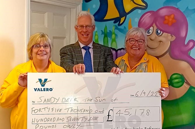 Sandy Bear CBC - Valero Donation 2022. Karen Codd and Anita Hicks (Clinical Leads and Co-Founders of Sandy Bear) with Stephen Thornton (PGPA Manager at Valero).