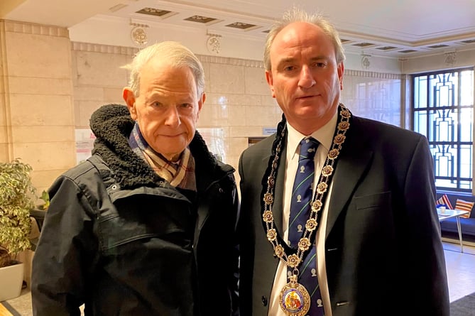 John Hajdu with Cllr Thomas Baden Tudor at the Holocaust Memorial service in Cardiff.