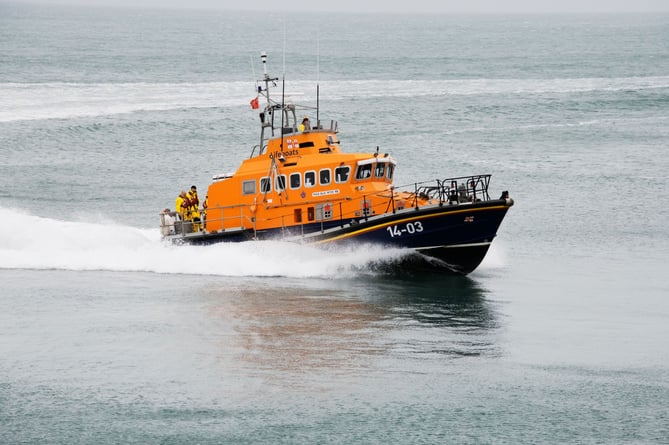 Fishguard All-weather lifeboat Blue Peter VII 14-03 at sea during a training exercise