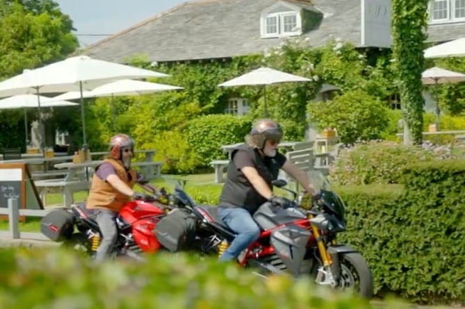 The Hairy Bikers arriving at the Stackpole Inn for their BBC show